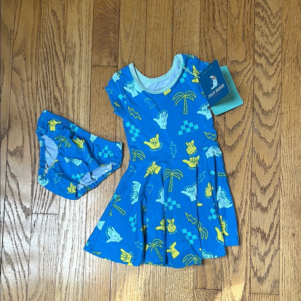 Coco Moon Shaka Code NWT Blue and Yellow Graphic Dress with Matching Bottoms
